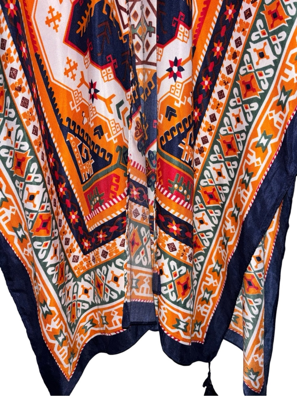 Jessica McClintock Orange, Navy & Green Geometric Kimono w/Tassles, NWT - Picture 3 of 10
